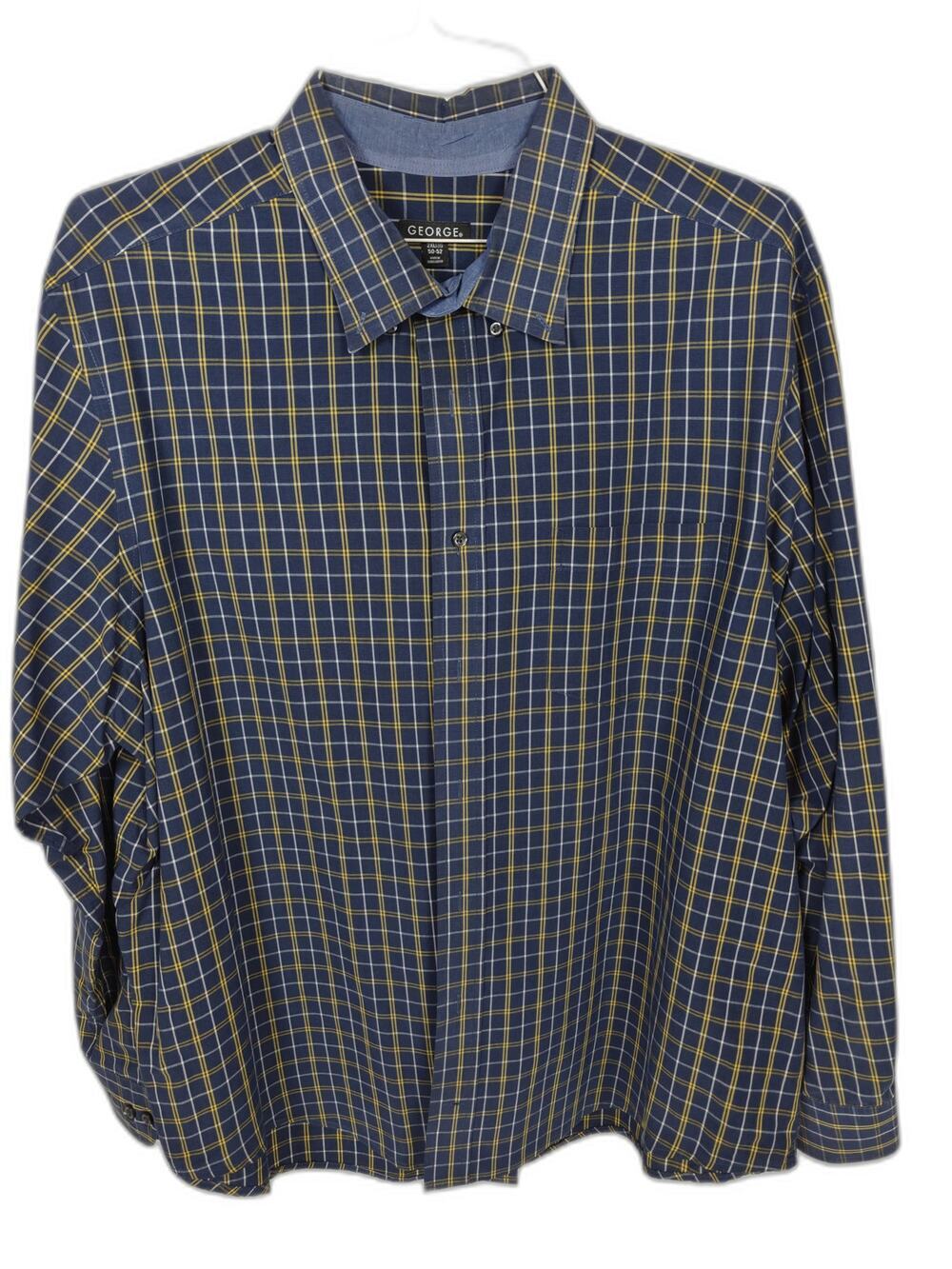 George Men's 2XL Blue Yellow Plaid Button Front Dress Shirt Long Sleeve 50-52